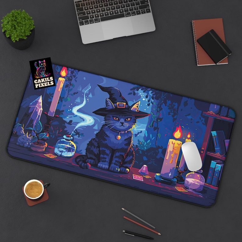 May include: A black cat wearing a witch's hat sits on a table with candles, crystals, and other magical items. The background is a dark forest with a blue and purple sky. The mouse mat is designed with a vibrant, pixelated style.