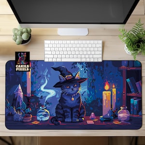 May include: A black cat wearing a witch's hat sits in front of a bookshelf with candles and potions. The background is a dark blue with purple and green accents. The text "Cakils Pixels" is in the top left corner.