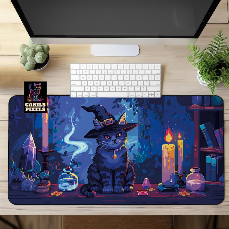 May include: A black cat wearing a witch's hat sits in front of a bookshelf with candles and potions. The background is a dark blue with purple and green accents. The text "Cakils Pixels" is in the top left corner.