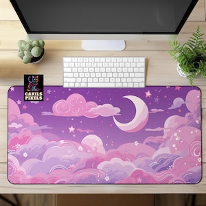 Pastel Night Sky Desk Mat, Kawaii Moon and Clouds Mouse Pad, Cute Sky Desk Accessory, Large Gaming Mousepad, Keyboard Mat, Desk Decoration