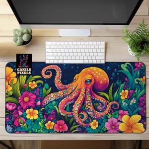 Octopus Desk Mat with Floral Design, Cute Nautical Mouse Pad, Ocean Desk Decor, Colorful Octopus Gaming Mousepad XL, Cottagecore Desk Pad