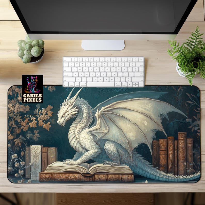 Bookish White Dragon Desk Mat - Fantasy Library Mouse Pad - Cozy Book Nook Decor image 2