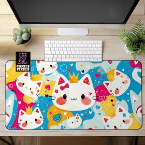 Crowned Cat Desk Mat, Cute Kawaii Cat Mouse Pad, Kawaii Desk Decor, Pastel Deskmat, Large Gaming Desk Pad, Gift for Cat Lovers, Gift for Her