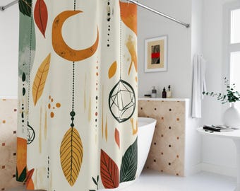 Boho Shower Curtain: Hippie Vibes, Moon & Leaves Design