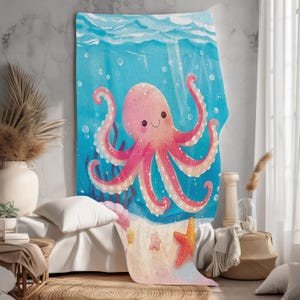 Kawaii Octopus Fleece Sherpa and Velveteen Plush Blanket, Nautical Throw Blanket, Cute Ocean Theme Bedding, Cozy Couch Throw, Blanket Gift