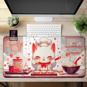 Chef Cat Desk Mat, Cute Kawaii Cat Non Slip Mouse Pad, Aesthetic Desk Mat, Large Gaming MousePad, Kawaii Aesthetic Desk Pad