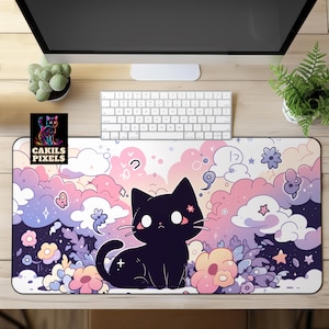 Schattige zwarte kat bureaumat, cartoon kat antislip muismat, esthetische bureaumat, grote gaming-muismat, kawaii kat bureaumat