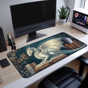 Bookish White Dragon Desk Mat - Fantasy Library Mouse Pad - Cozy Book Nook Decor image 3