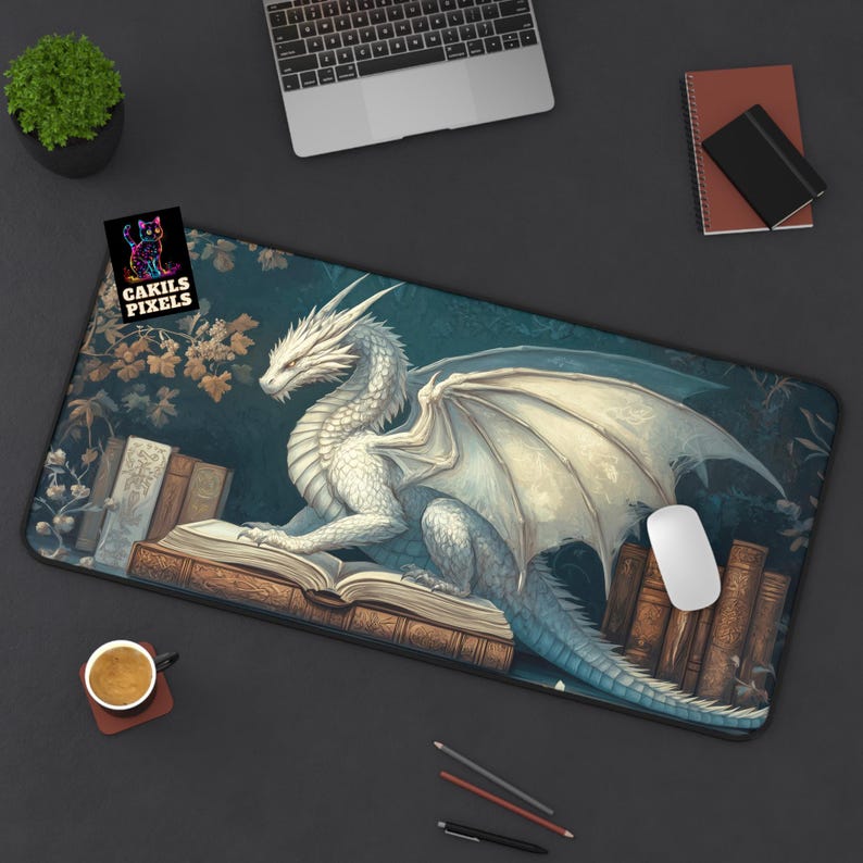 Bookish White Dragon Desk Mat - Fantasy Library Mouse Pad - Cozy Book Nook Decor image 5