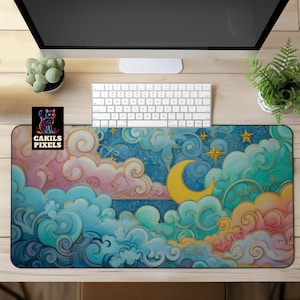 Fairy Pastel Sky Desk Mat, Dreamy Colorful Clouds Mousepad, Perfect for Girl Gamers, Cute Desk Decor, Kawaii Aesthetic Office Desk Accessory