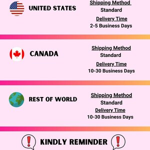 May include: A graphic showing shipping details for the United States, Canada, and the rest of the world. The graphic includes delivery times and shipping methods. It also includes a reminder that the average production time is 1-3 business days.
