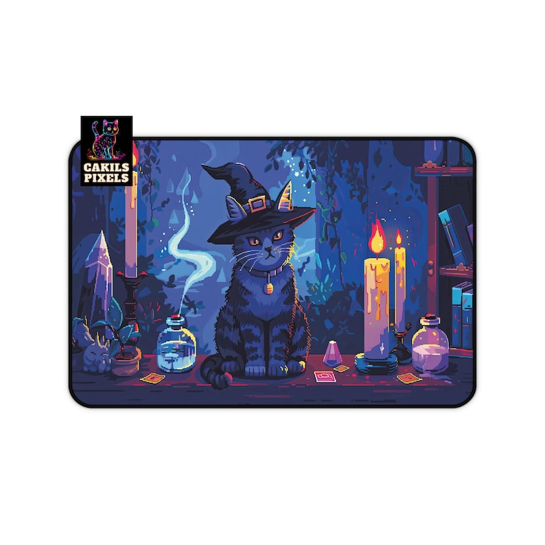 May include: A black cat wearing a witch's hat sits at a table with candles, potions, and crystals in a dark, magical setting.