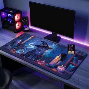 May include: A black cat wearing a witch's hat sits on a purple and blue desk mat with a bookshelf and candles in the background. The mat features the text "Cakils Pixels".