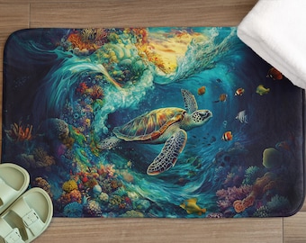 Ocean Sea Turtle Bath Mat: Memory Foam Nautical Bathroom Decor