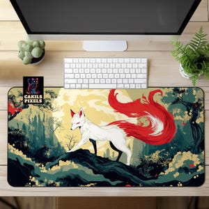 Mythical Kitsune Desk Mat: Japanese Folklore Gaming Mouse Pad
