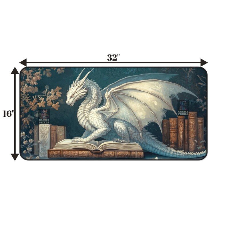 Bookish White Dragon Desk Mat - Fantasy Library Mouse Pad - Cozy Book Nook Decor image 6
