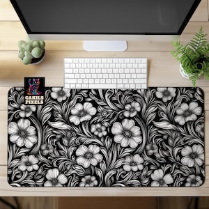 Dark Floral Desk Mat: Noir Flower Mouse Pad, Monochrome Office Decor