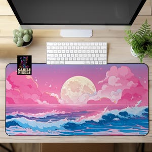 Pastel Moon and Waves Desk Mat, Kawaii Cute Clouds Mouse Pad, Cute Gaming Desk Mat, Kawaii Desk Decor, Pastel Desk Accessory, Lofi Desk Mat