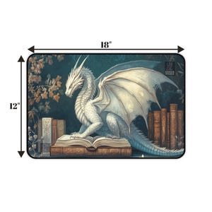 Bookish White Dragon Desk Mat - Fantasy Library Mouse Pad - Cozy Book Nook Decor image 7