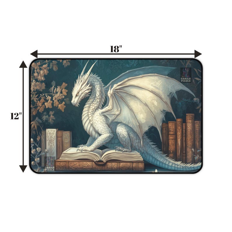 Bookish White Dragon Desk Mat - Fantasy Library Mouse Pad - Cozy Book Nook Decor image 7