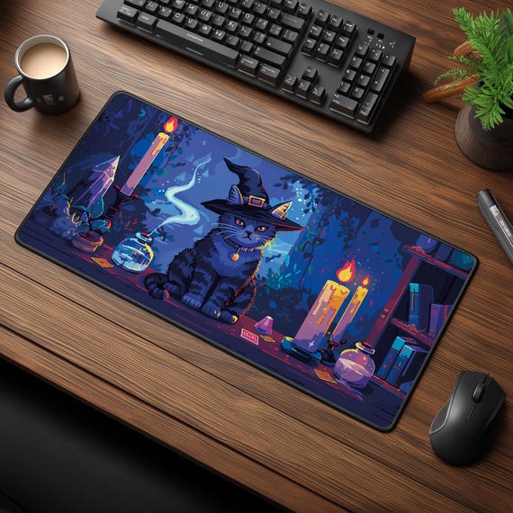 Pixel Art Witch Cat Desk Mat - Mystical Workspace Decor - Gaming Mouse Pad