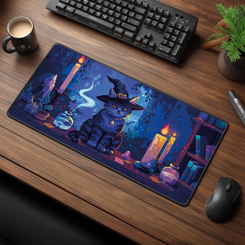 Pixel Art Witch Cat Desk Mat - Mystical Workspace Decor - Gaming Mouse Pad image 1