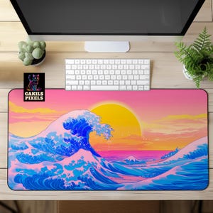 Sunset Wave Desk Mat, The Great Wave Mouse Pad, Japanese Great Wave Desk Decor, Retro Great Wave Desk Accessory, Large Gaming Desk Pad