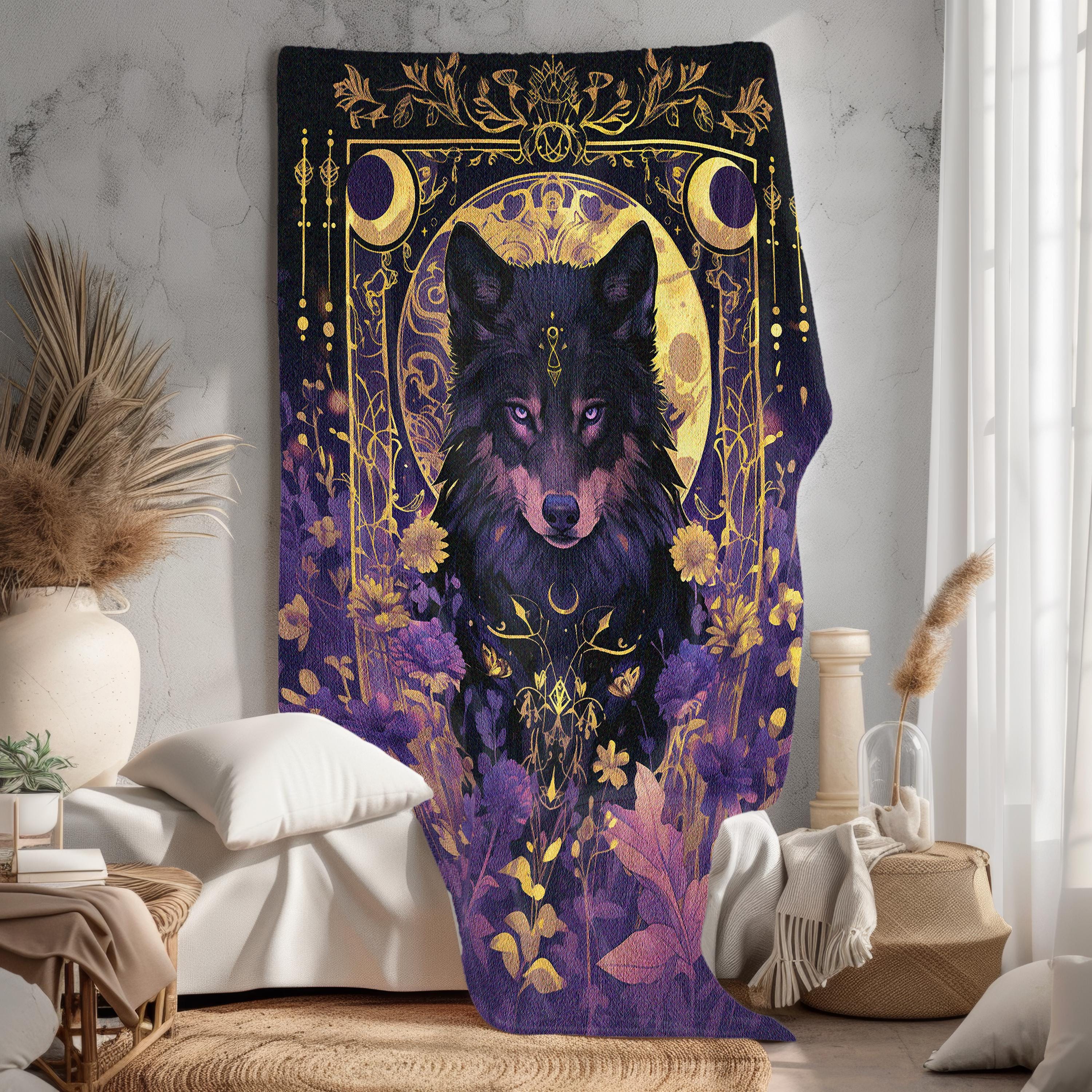 Astral Wolf Sherpa Blanket: Celestial Floral Cottagecore Throw