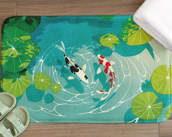 Koi Fish Bath Mat: Serene Pond Design, Anti-Slip Microfiber
