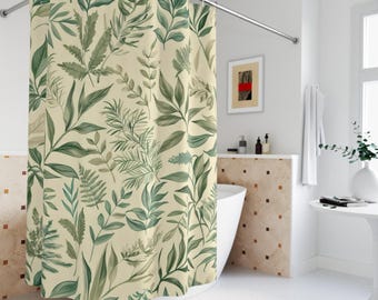 Botanical Boho Shower Curtain: Polyester Fabric, Green Leaf Design (71" x 74")