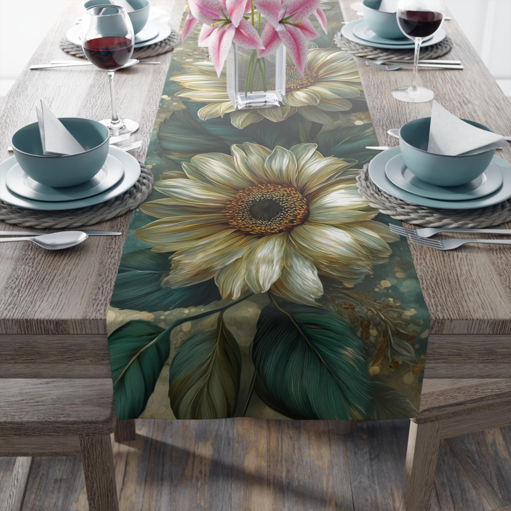 Camino De Mesa Verde Camino De Mesa Floral Verde Y Dorado, Camino De Mesa Cottagecore, Decoración De Comedor Verde Profundo, Esmeralda, Camino De Mesa De Bruja Verde - México Cola Textil