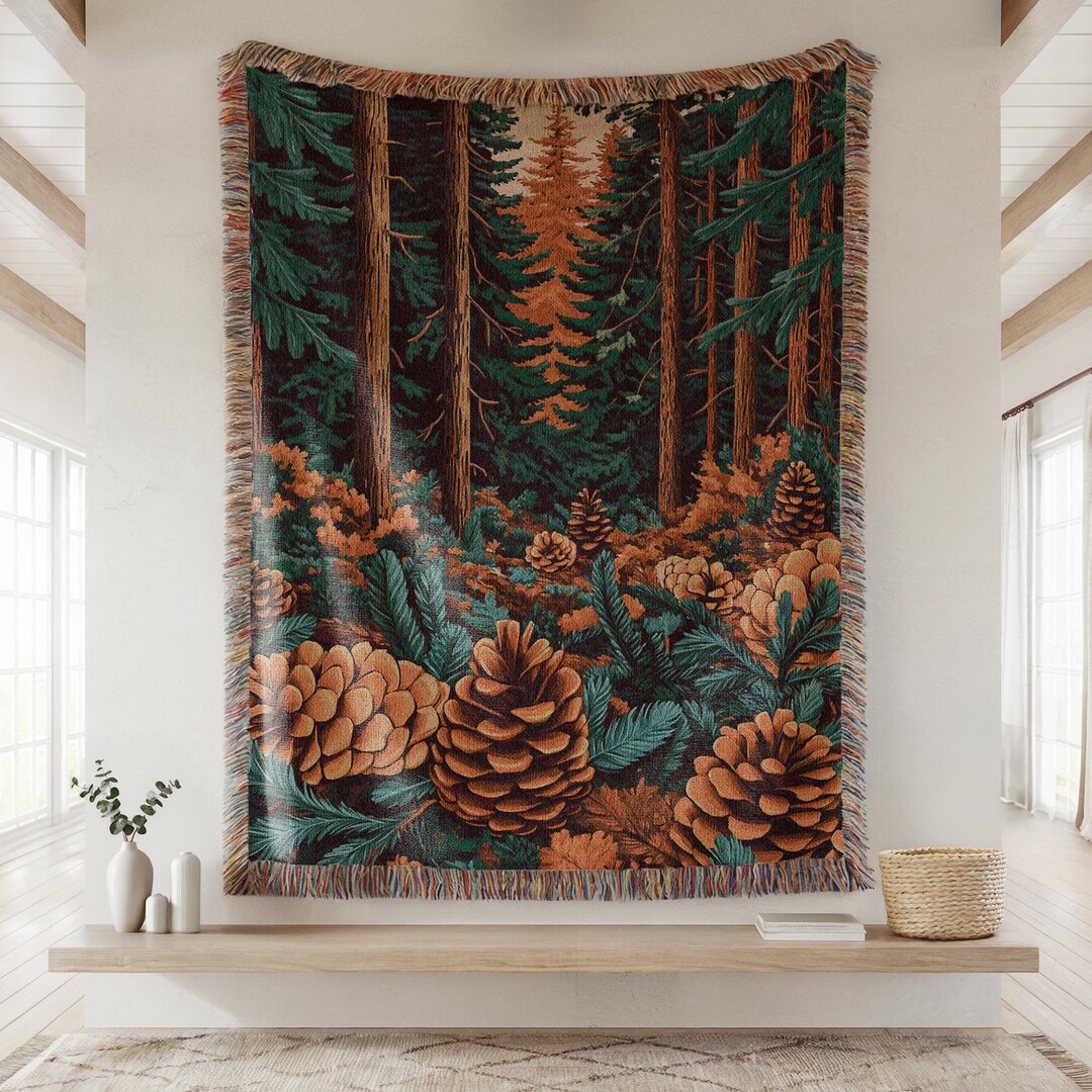 Pine Tree Forest Woven Cotton Blanket - Cozy Nature Tapestry Throw - Etsy