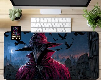 Crimson Plague Doctor Desk Mat: Gothic Horror Gaming Mousepad