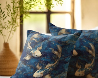 Celestial Koi Fish Throw Pillow - Japanese Zen Cushion Cover - Navy Blue Home Decor Accent