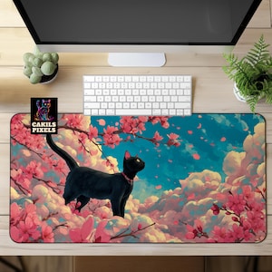 Sakura Dreams Black Cat Desk Mat, Cute Spring Decor for Cat Lovers, Dreamy Cat Mouse Pad, Kawaii Black Cat Anime Desk Decor, Cat Lady Gift