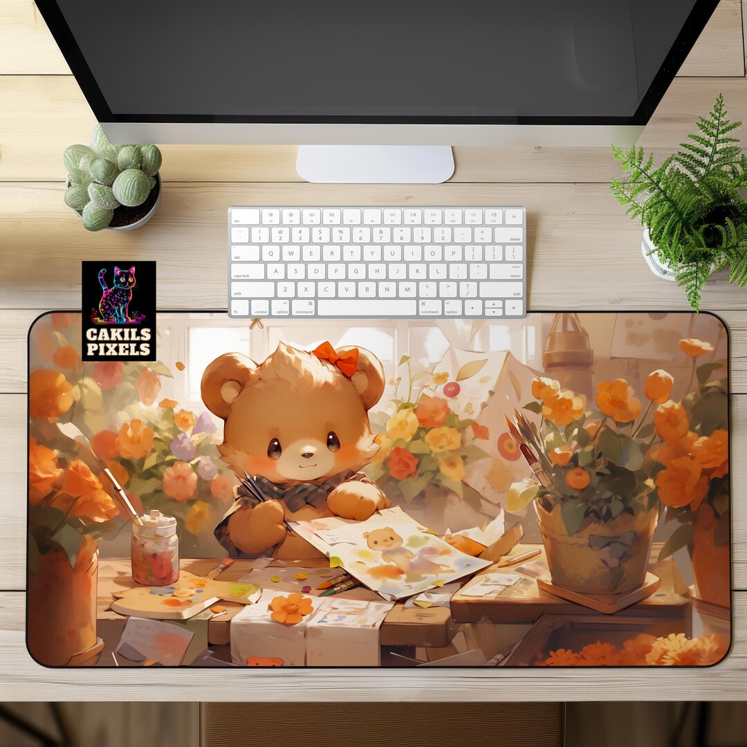 Cozy Bear Desk Mat, Cute Teddy Bear Mouse Pad, Kawaii Bear Desk Decor ...