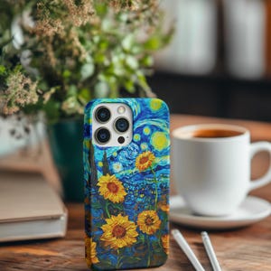 Funda para teléfono con girasoles estrellados: estilo Van Gogh, resistente a los impactos imagen 4