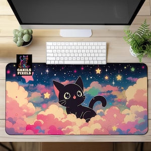 Pastel Dreams Black Cat Desk Mat, Cute Cat Mouse Pad, Kawaii Desk Decor, Cute Gaming Setup, Gamer Girl Desk Accessories, Pastel Cat Desk Pad