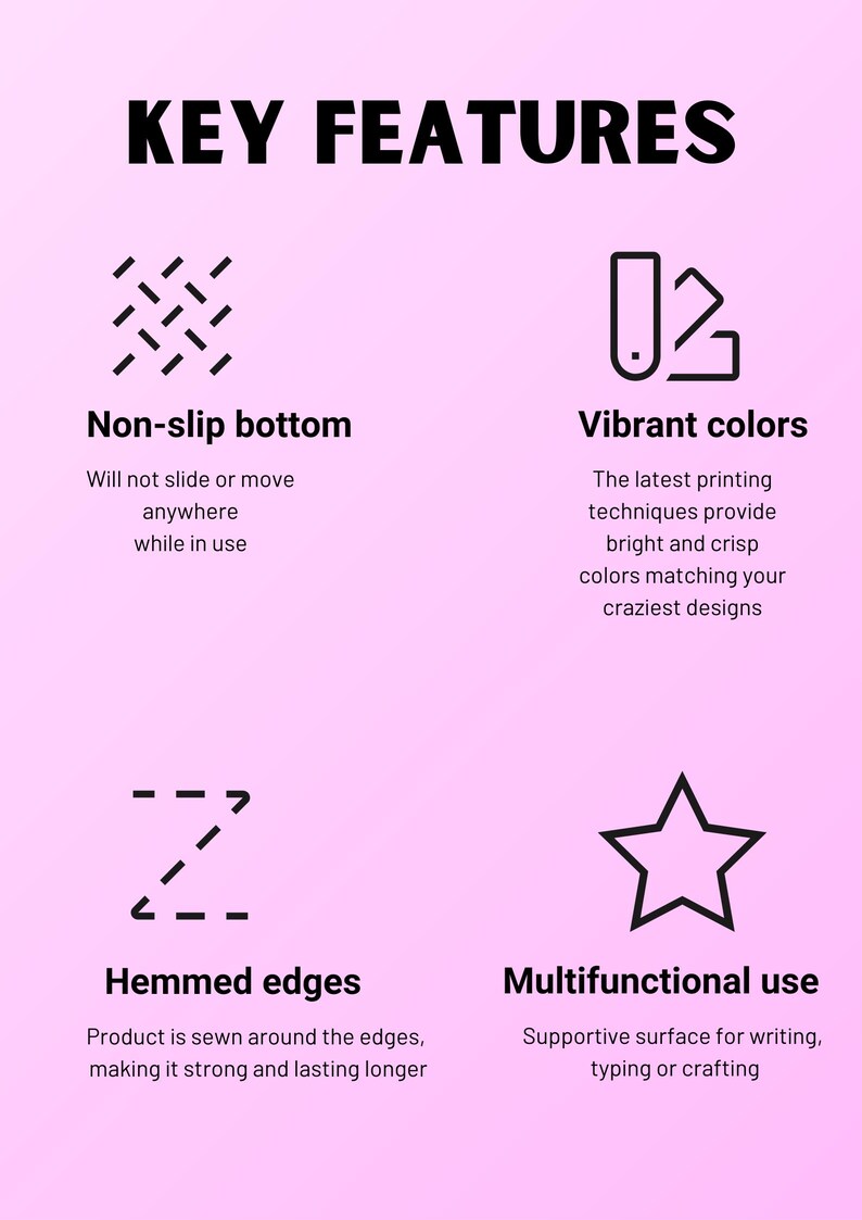 May include: Key features of a desk mat: non-slip bottom, vibrant colours, hemmed edges, and multifunctional use. The mat is pink with black text and icons.