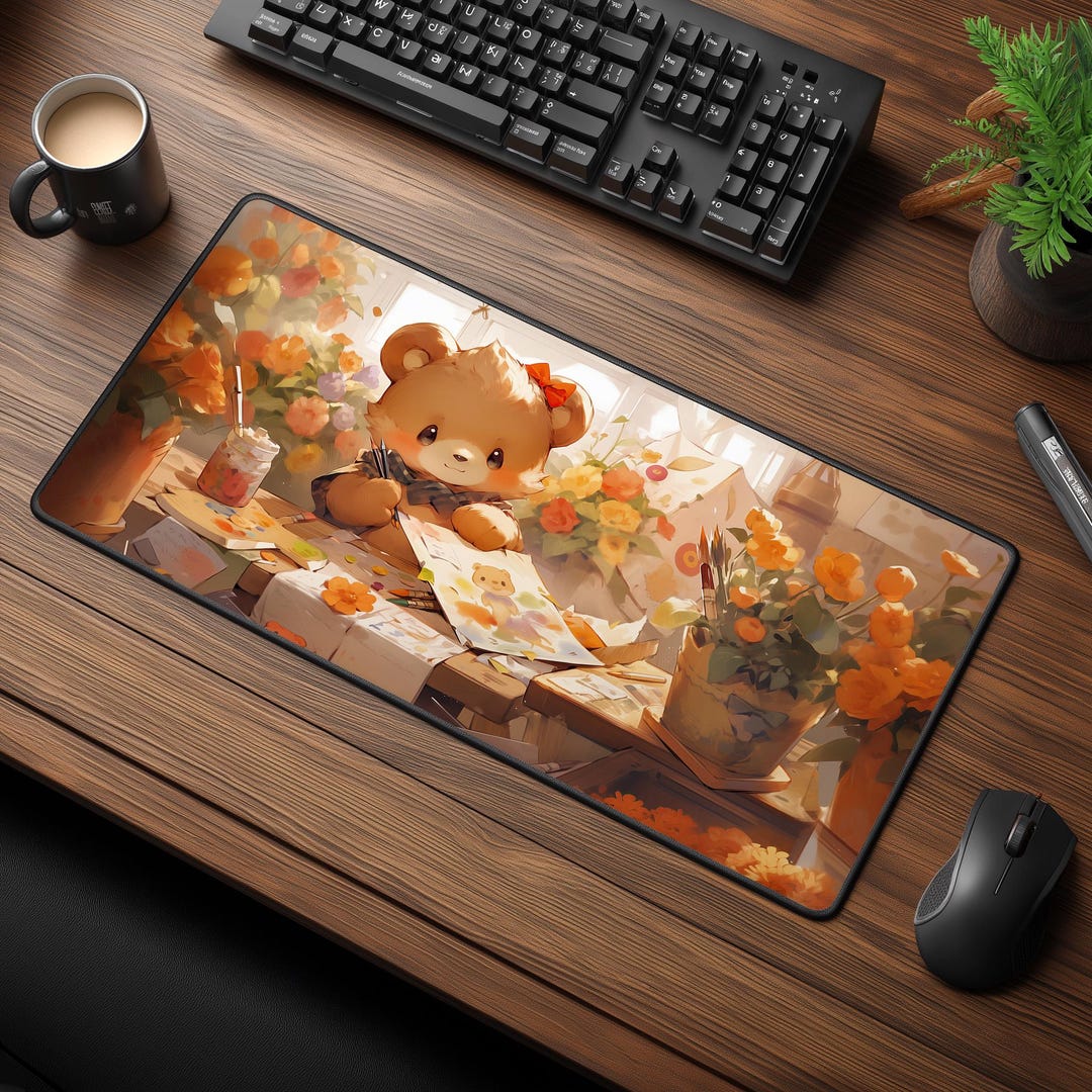 Bear Artist Desk Mat - Kawaii Floral Mousepad - Gaming Desk Pad - Etsy