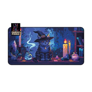 May include: A black cat wearing a witch's hat sits on a table with a lit candle, a crystal, and a bottle of potion. The scene is set in a dark forest with glowing plants and a bookshelf in the background.
