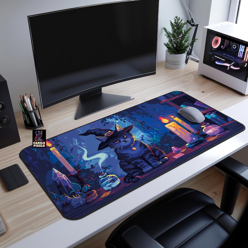May include: A black cat wearing a witch's hat sits on a purple and blue desk mat with a crystal, candles, and potion bottles. The mat has a design of a forest scene with a magical theme.