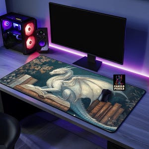 Bookish White Dragon Desk Mat - Fantasy Library Mouse Pad - Cozy Book Nook Decor image 4