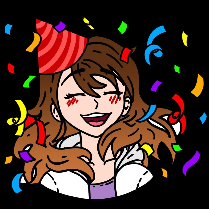 May include: A cartoon illustration of a person with brown hair wearing a party hat and smiling. The person is surrounded by colorful confetti.