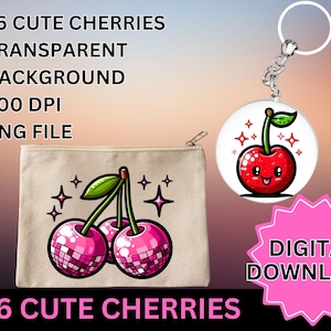 May include: A digital download of 16 cute cherry illustrations. The cherries are pink and red with a disco ball design. The image also shows a keychain with a single cherry illustration.
