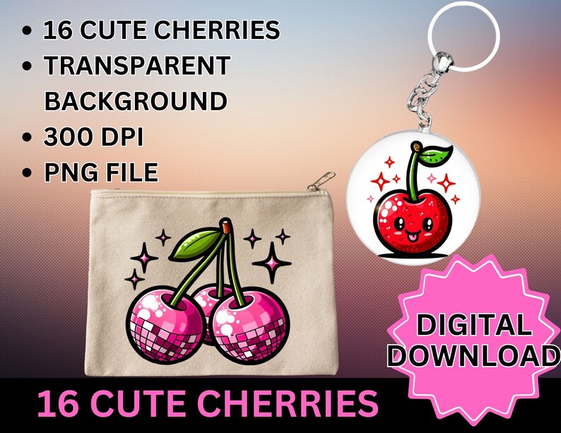 May include: A digital download of 16 cute cherry illustrations. The cherries are pink and red with a disco ball design. The image also shows a keychain with a single cherry illustration.
