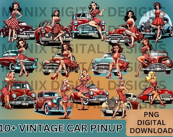 Vintage Pin Up Girl Retro Clipart, Portrait Girl, Digital Download, Vintage Car, , Paper craft - Junk Journal, Scrapbooking, Illustration