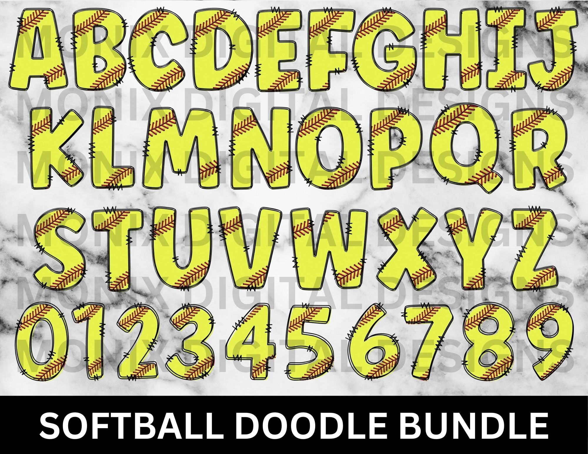 Softball Alphabet Letters Numbers PNG Bundle, Sports Doodle Letters ...