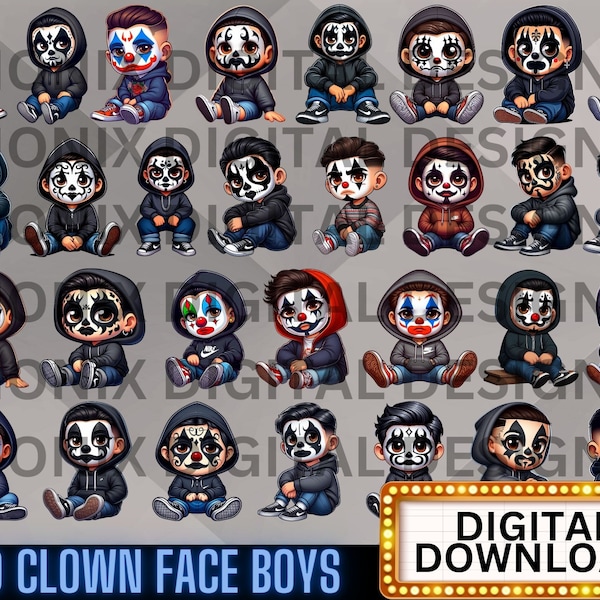 60 garçons visage de clown, Halloween Clown Clipart PNG, imprimable, téléchargements numériques, Cholo Clowncore, Payaso Chicano Cholo, Clipart, Bandana