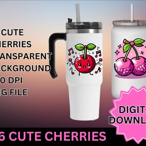 May include: Digital download of 16 cute cherry designs. The cherries are cartoon characters with smiling faces and are in various poses. The designs are perfect for sublimation on tumblers, mugs, and other items.